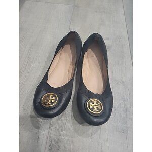 Tory Burch Caroline 2 Ballet Flats in Black Leather Gold Logo, Size 7 M